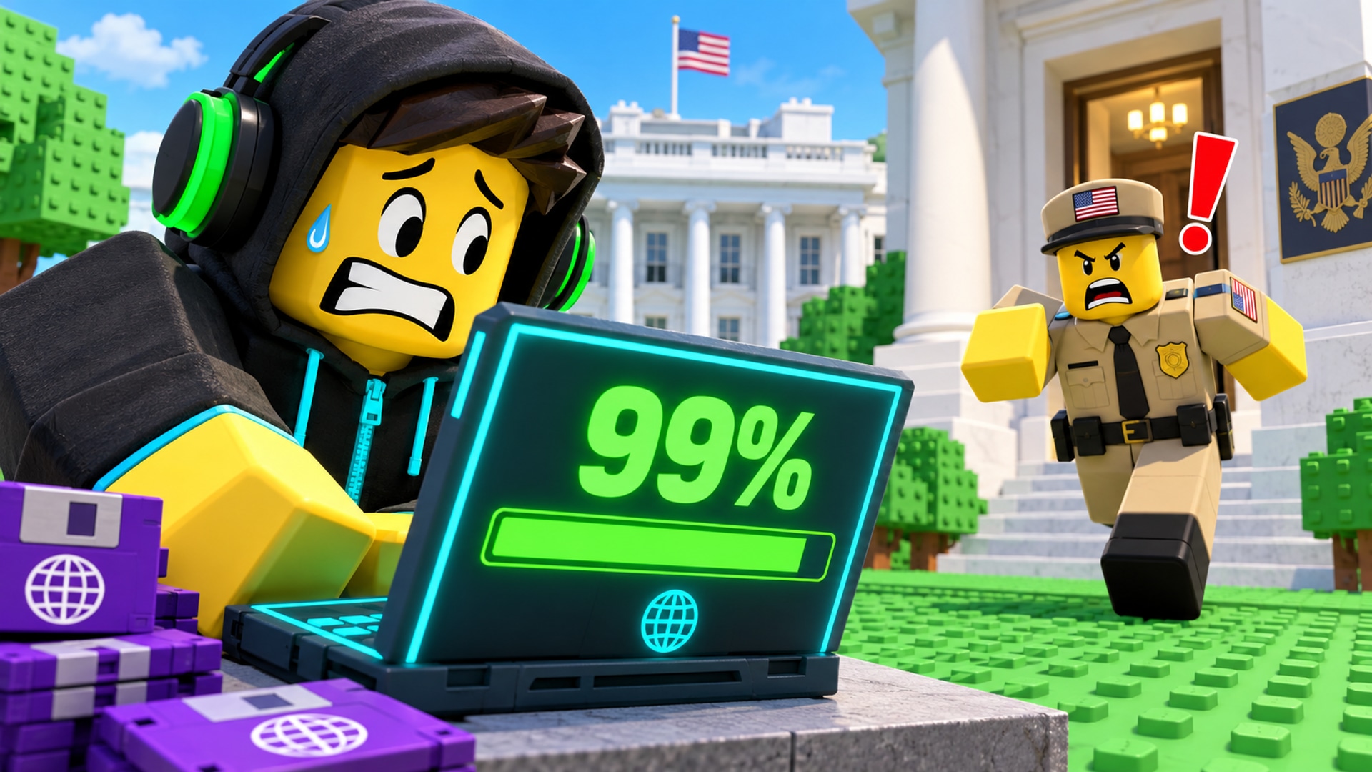 Hack A Country promotional artwork: a hacker’s laptop reaches 99% as a guard approaches.