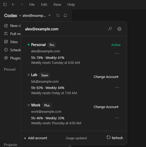 Roster Companion account selector and dropdown attached to the ChatGPT desktop app